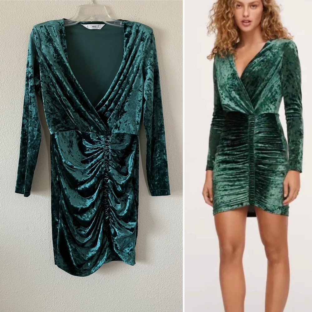 MANGO Crushed Velvet Ruched Mini Dress 6 Emerald Green Cocktail Homecoming HOCO